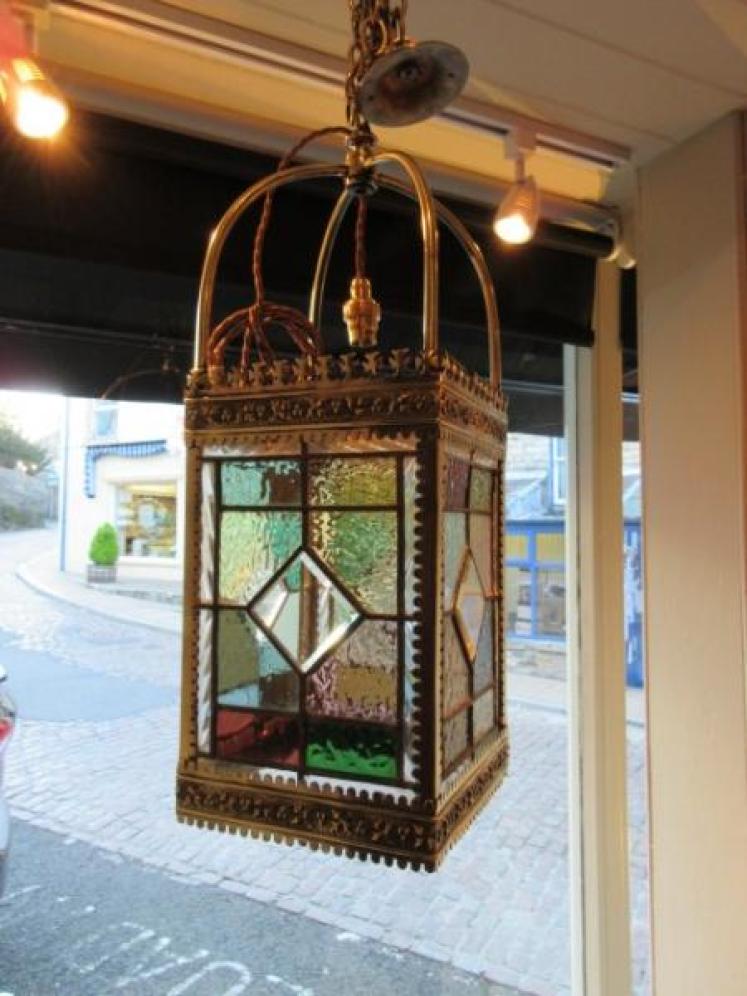 Victorian Leaded Coloured Glass Panel Hall Lantern - Image 5