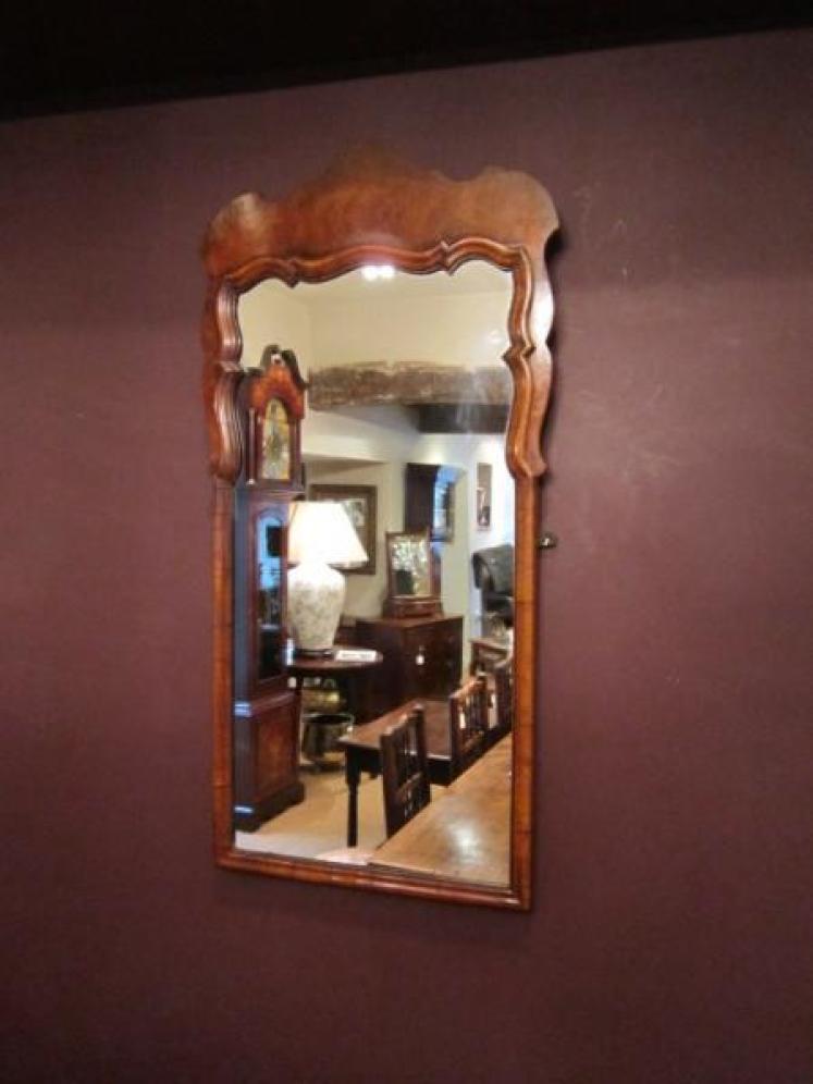 Early Victorian Figured Walnut Shaped Top Mirror - Image 1