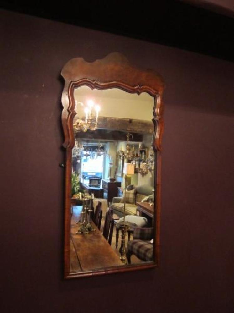 Early Victorian Figured Walnut Shaped Top Mirror - Image 3