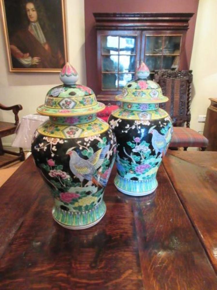 Superb Pair of Oriental Hand Painted Ginger Jars - Image 1