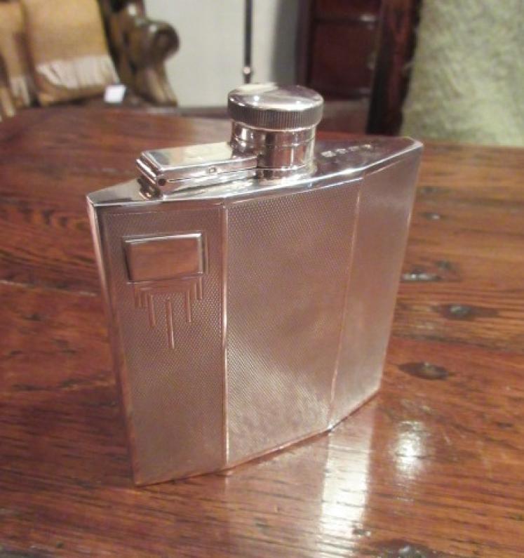 Art Deco Period Silver Engine Turned Hip Flask - Image 1