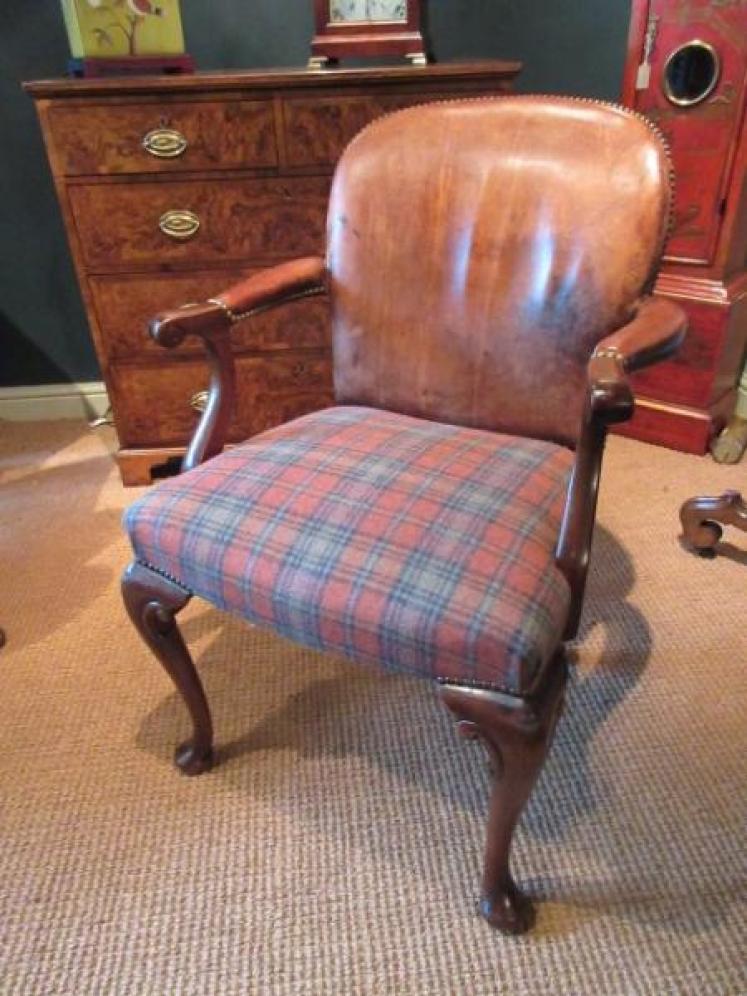 19th Century Leather & Walnut Open Armchair - Image 1