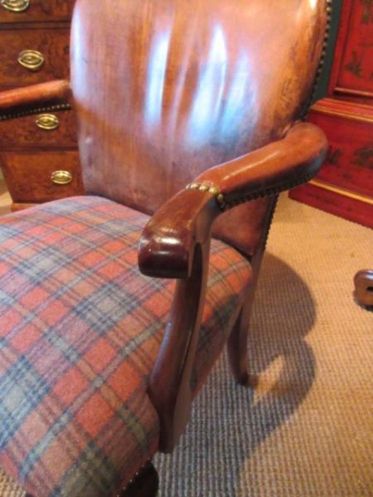 19th Century Leather & Walnut Open Armchair - Image 2