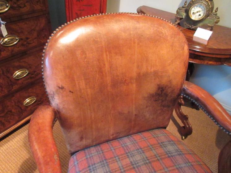 19th Century Leather & Walnut Open Armchair - Image 4