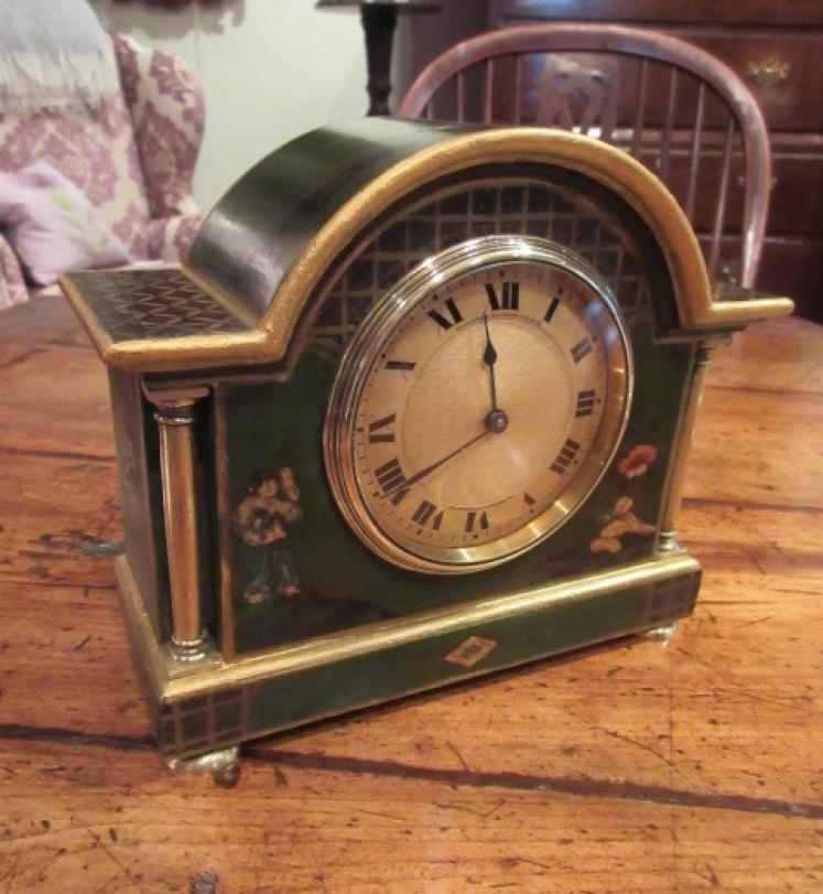 Edwardian Period Chinoserie Green Lacquered Mantel Clock - Image 1