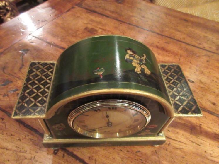Edwardian Period Chinoserie Green Lacquered Mantel Clock - Image 2