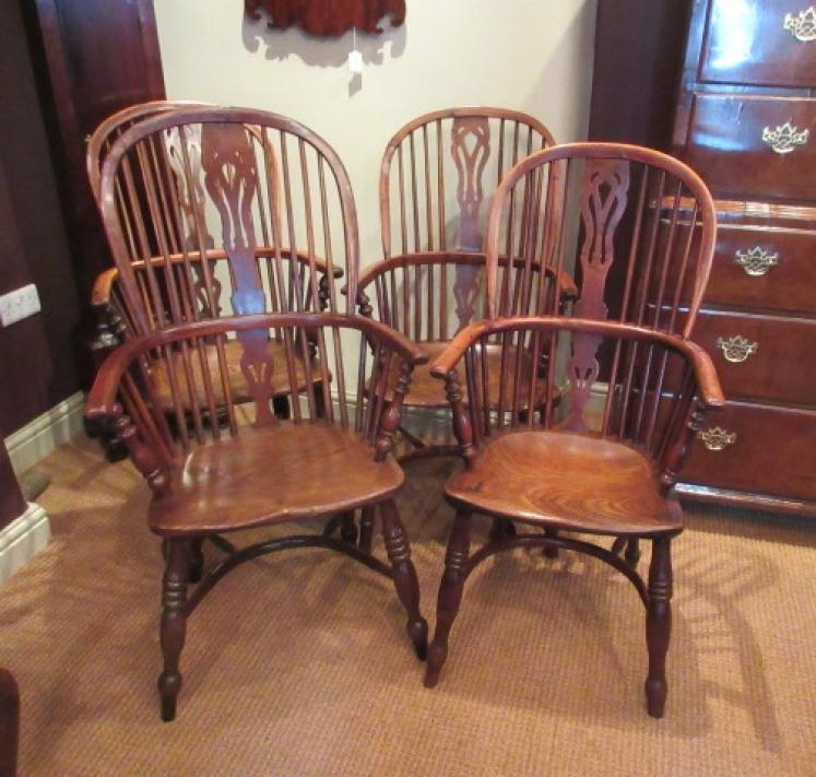 Set of Four Early 19th Century Yew Windsor Armchairs - Image 1