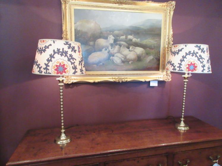 Tall Solid Brass Lamp & Crewel Work Shade - Image 1
