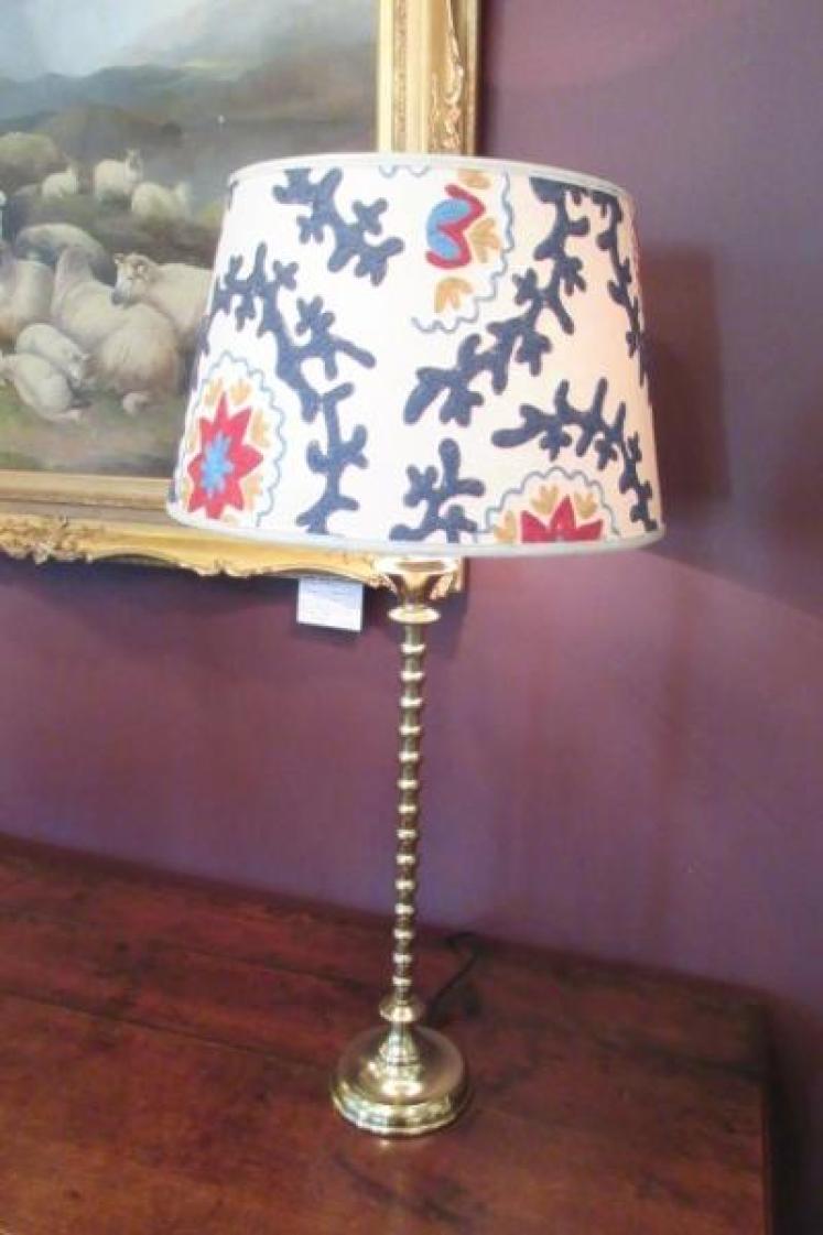 Tall Solid Brass Lamp & Crewel Work Shade - Image 2