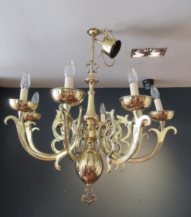 Arts & Crafts Period Solid Brass Chandelier - Image 5