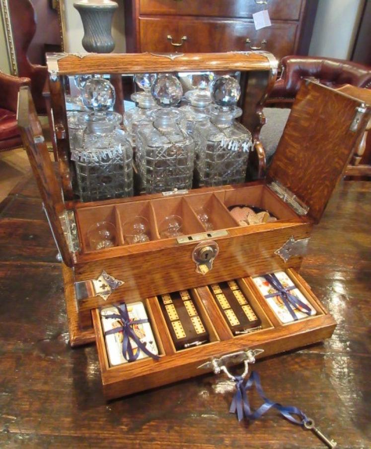 Outstanding Victorian Polished Oak Gaming Tantalus - Image 1