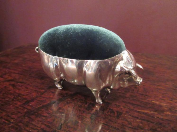 Large Edwardian Period Silver Novelty 'Pig' Pin Cushion - Image 1