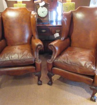 Fantastic Pair of 19th Century Leather Wing Armchairs