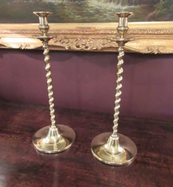 Tall Pair of Mid Victorian Brass Church Candlesticks