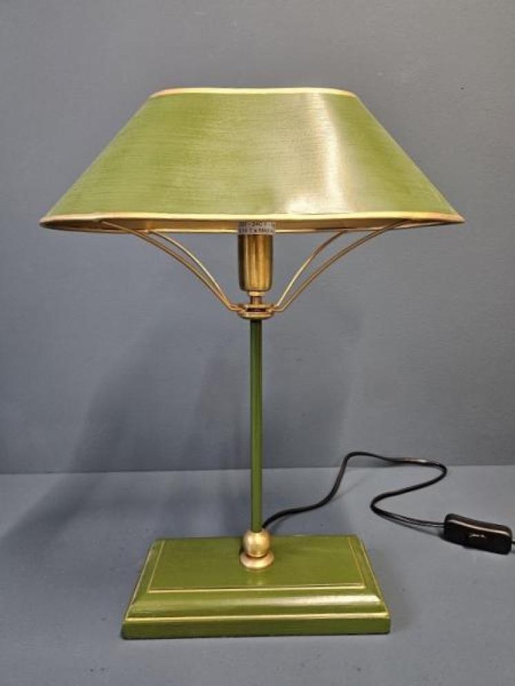 Green and Gilt Edged Wooden Base Table Lamp with Metal Shade.  - Image 1