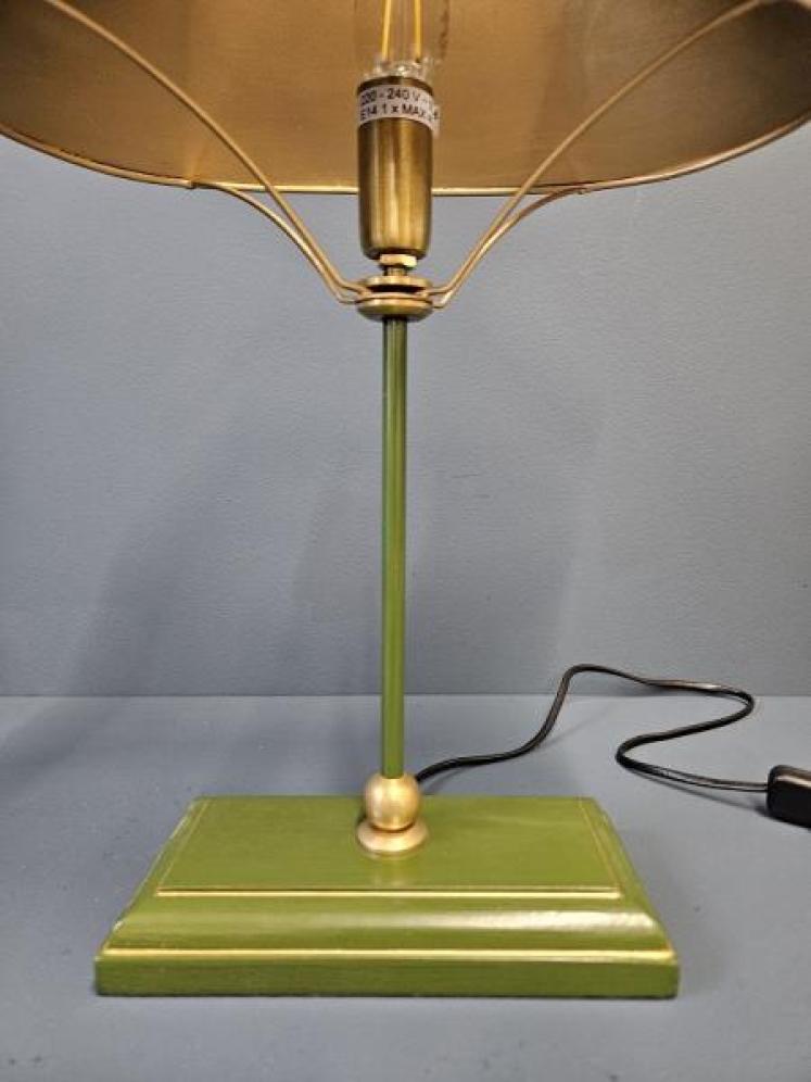 Green and Gilt Edged Wooden Base Table Lamp with Metal Shade.  - Image 2