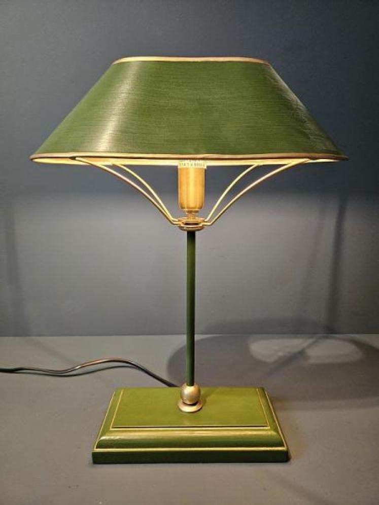 Green and Gilt Edged Wooden Base Table Lamp with Metal Shade.  - Image 6