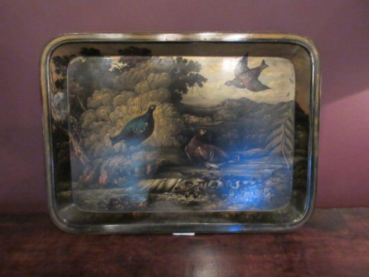 Large Early Victorian Game Scene Paper Mache Tray - Image 1