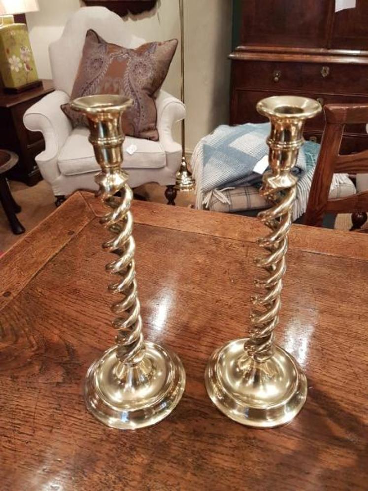 Pair of Victorian Cast Brass Barley Twist Candlesticks - Image 1