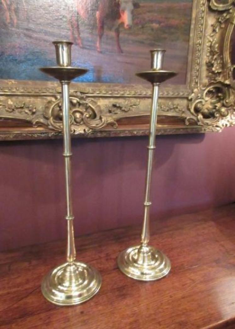 Pair of Early Victorian Brass Tall Taper Candlesticks - Image 1