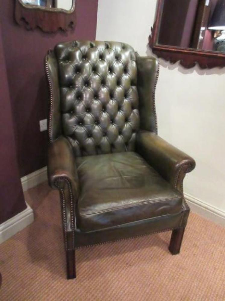1920's Olive Green Leather Buttoned Wing Armchair - Image 1