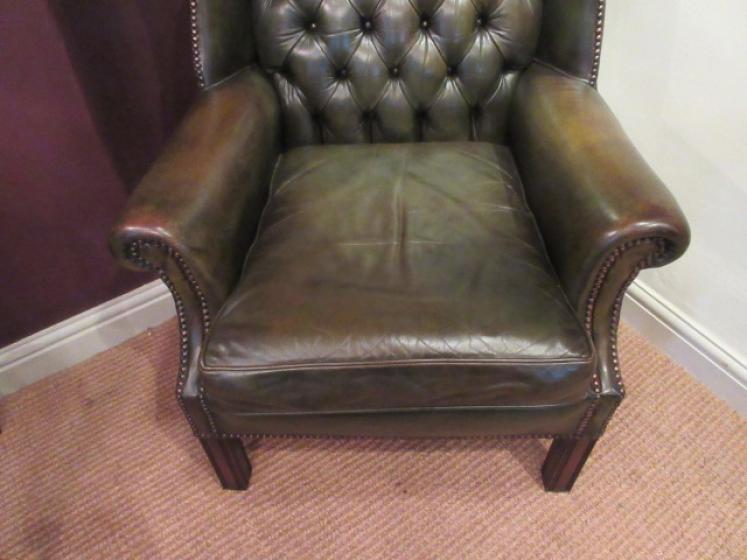 1920's Olive Green Leather Buttoned Wing Armchair - Image 2