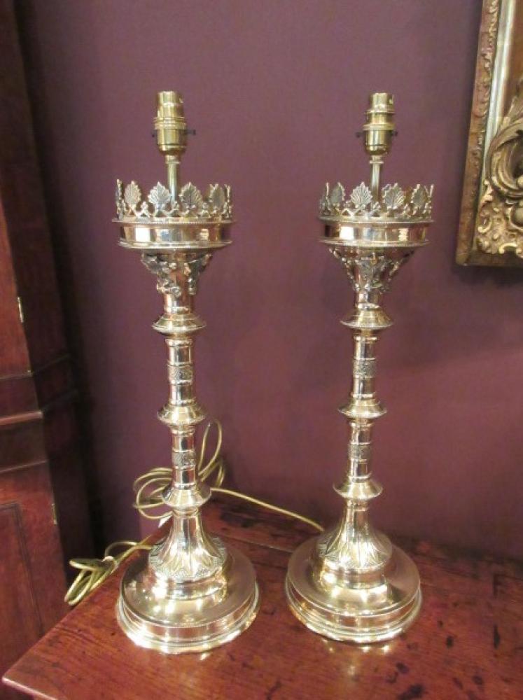 Pair of Victorian Bell Metal Church Candlestick Lamps - Image 1