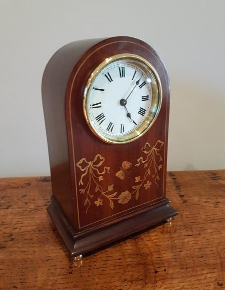 Small Edwardian Period Fruitwood Inlaid Mantel Clock - Image 1
