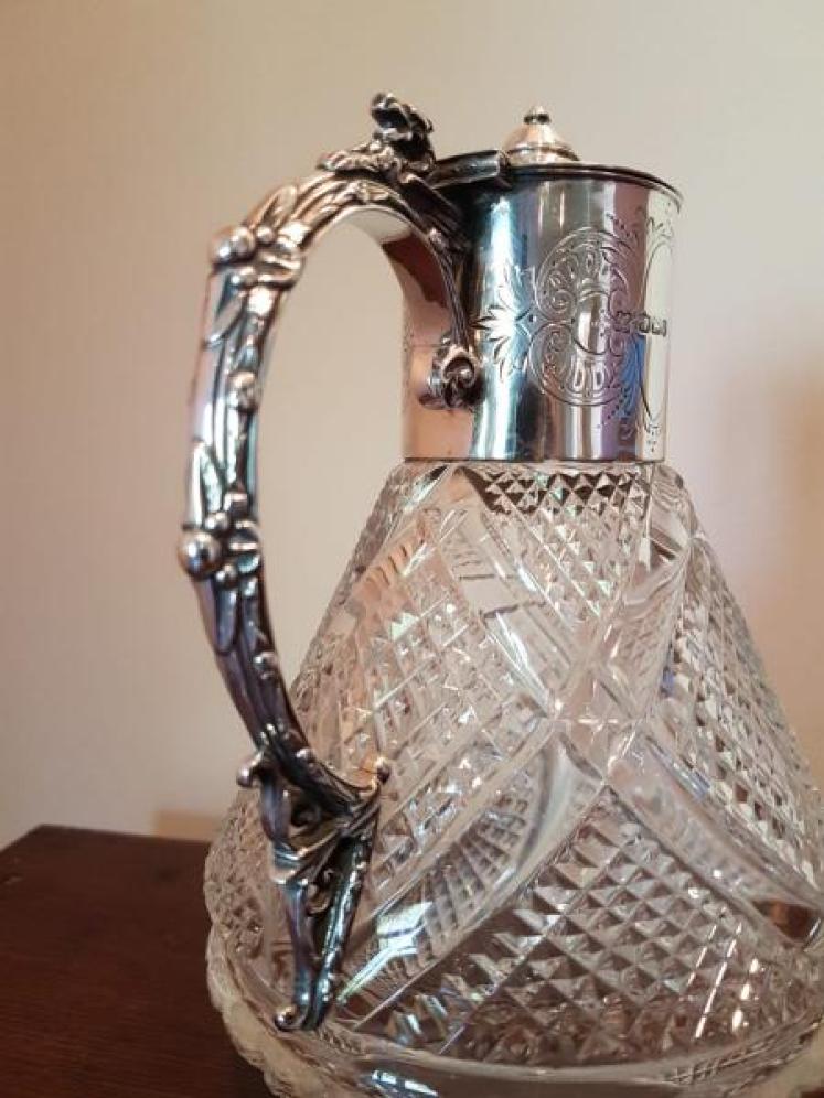 Victorian Antique Silver Mounted Cut Crystal Claret Jug - Image 4