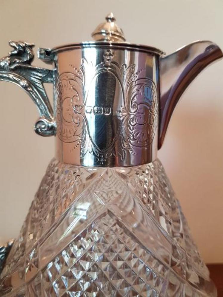 Victorian Antique Silver Mounted Cut Crystal Claret Jug - Image 5