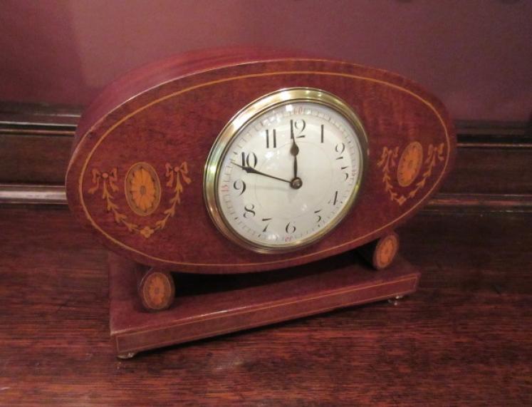 Edwardian Period Sheraton Inlaid Oval Mantel Clock - Image 1