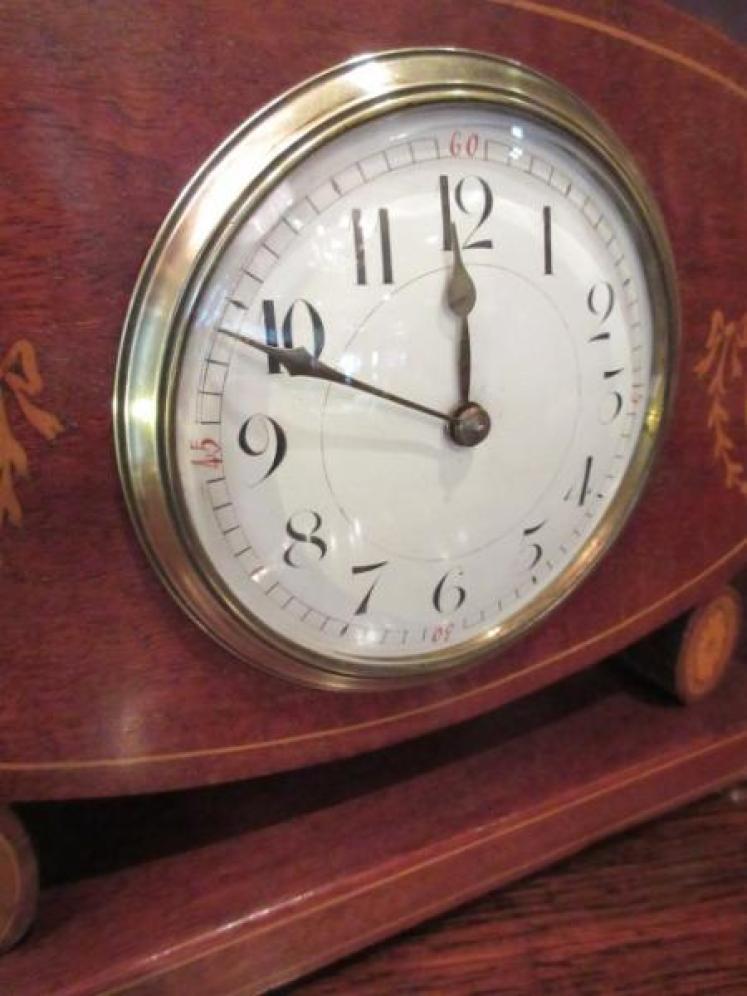 Edwardian Period Sheraton Inlaid Oval Mantel Clock - Image 3
