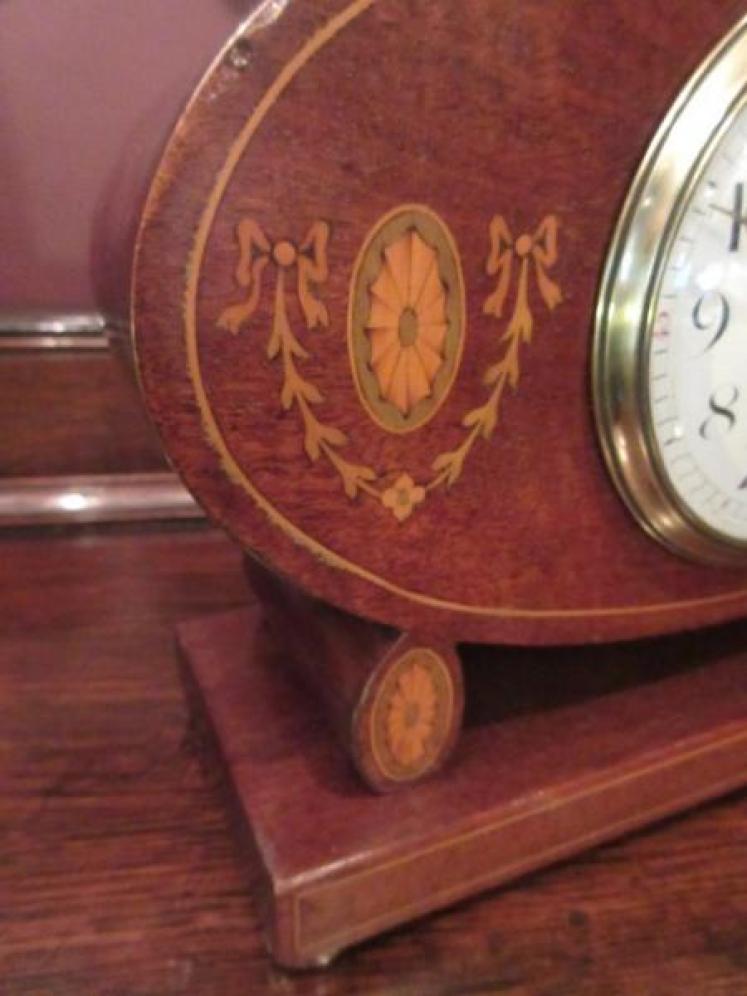 Edwardian Period Sheraton Inlaid Oval Mantel Clock - Image 4