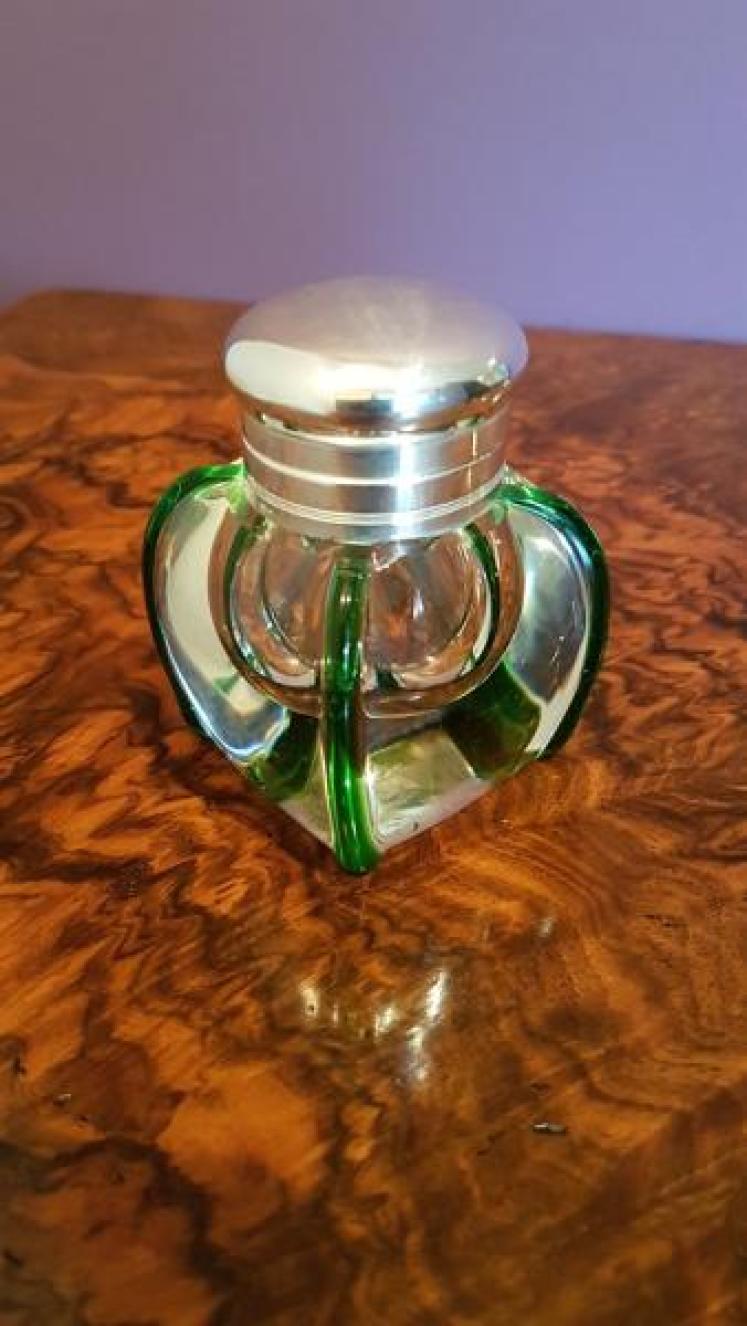 Art Nouveau Antique Silver & Green Flashed Inkwell - Image 1