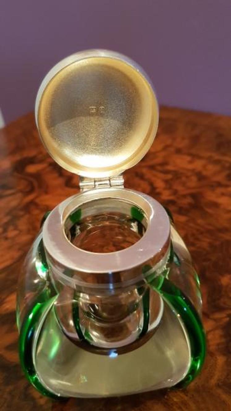 Art Nouveau Antique Silver & Green Flashed Inkwell - Image 4