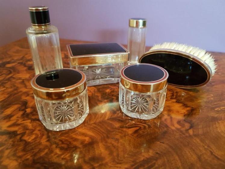 George V Period Silver Gilt And Enamel Six piece Dressing Table Set - Image 1