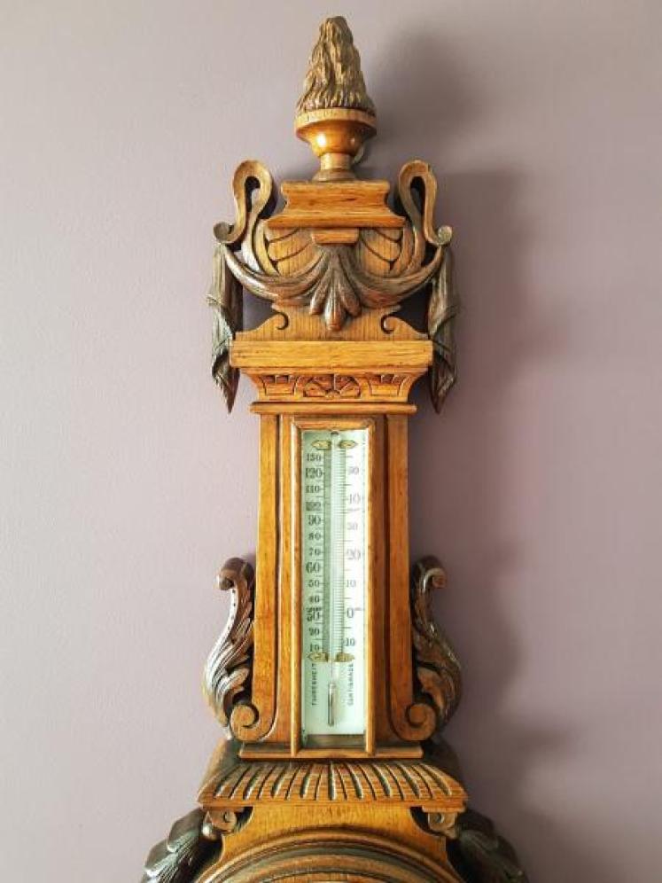 Top Quality Victorian Carved Oak Android Banjo Barometer - Image 3