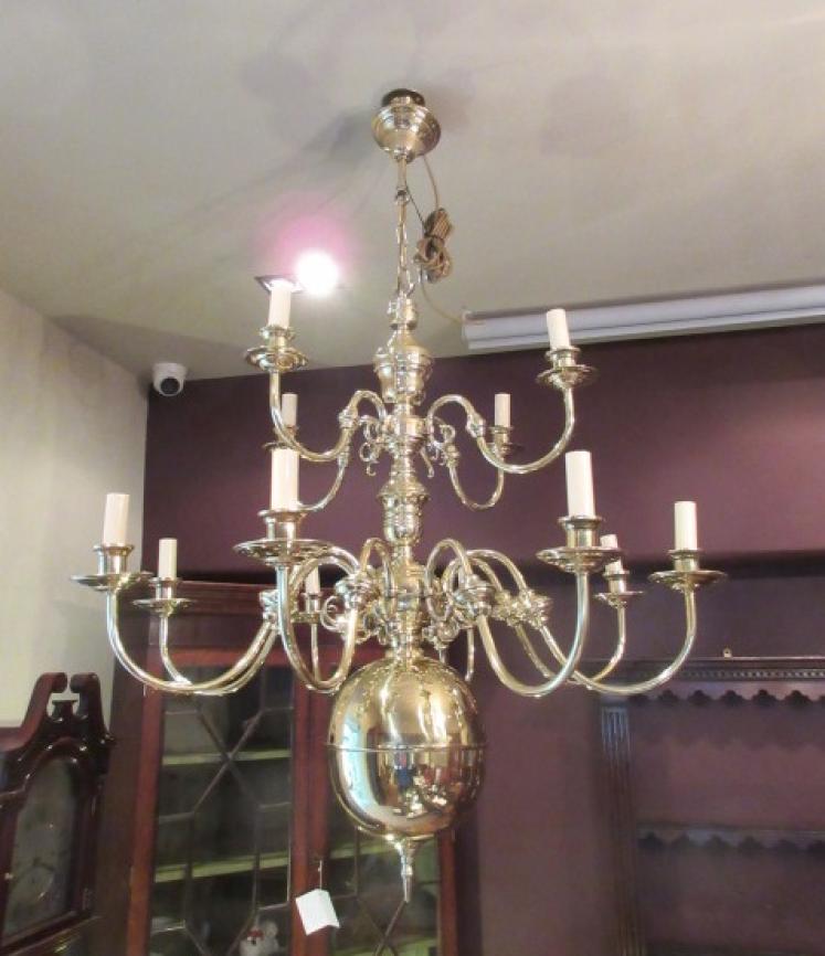 Large Edwardian Antique Polished Brass Two Tier Chandelier - Image 1