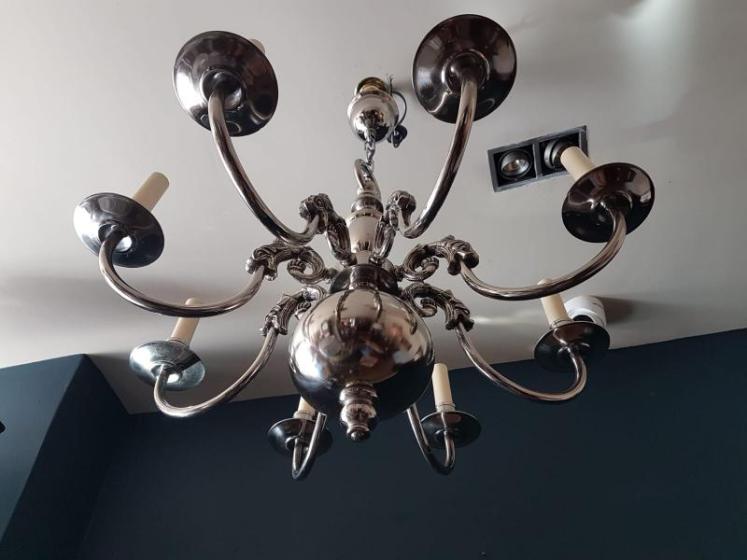 Edwardian Antique Eight  Arm Nickle Plated Chandelier  - Image 4