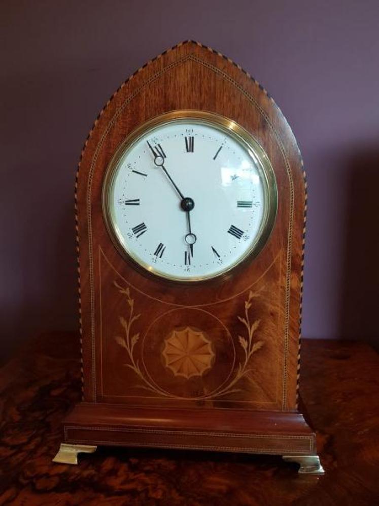 Top Quality Edwardian Inlaid Mahogany Lancet Top Mantel Clock - Image 1