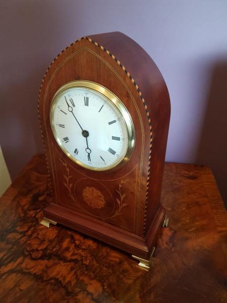 Top Quality Edwardian Inlaid Mahogany Lancet Top Mantel Clock - Image 5