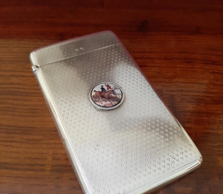 Fine Antique Silver & Enamel Hunting Scene Card Case - Image 1