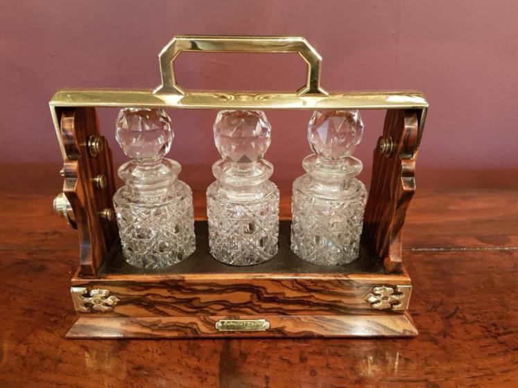 Superb Victorian Walnut Miniature 3 Bottle Tantalus - Image 1