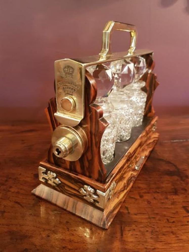 Superb Victorian Walnut Miniature 3 Bottle Tantalus - Image 2