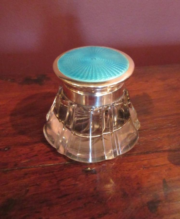 George V Silver & Turquoise Enamel Topped Inkwell - Image 1
