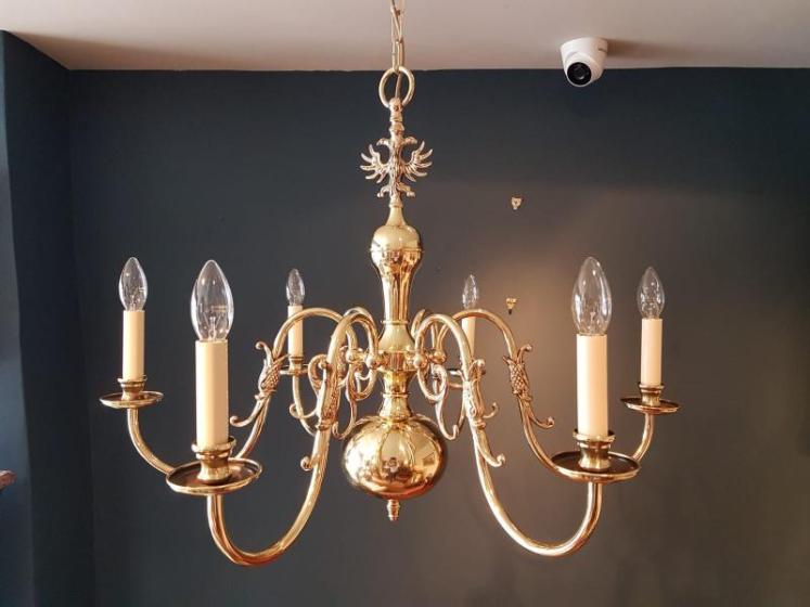 Edwardian Polished Brass Six Arm Chandelier - Image 1