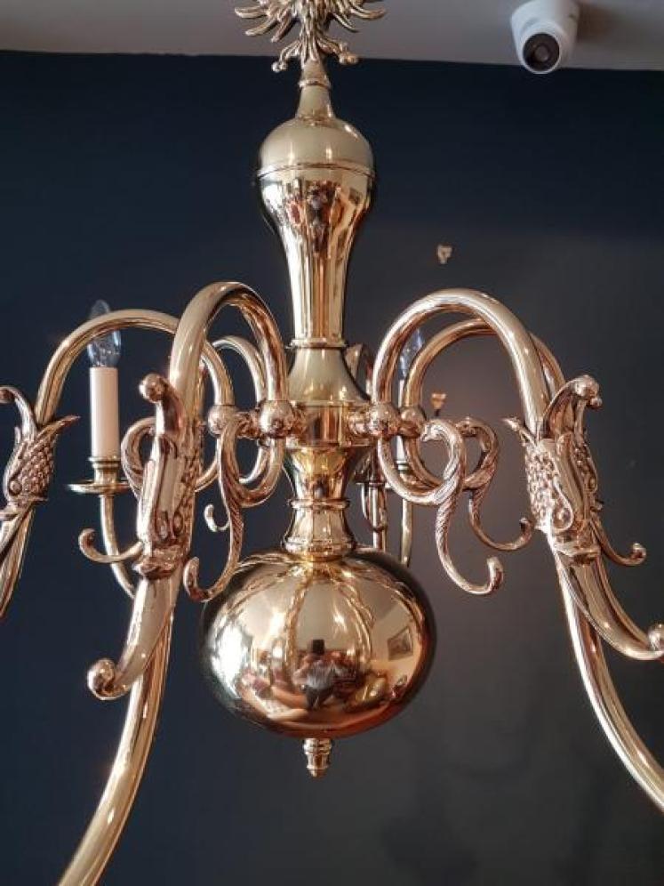 Edwardian Polished Brass Six Arm Chandelier - Image 3
