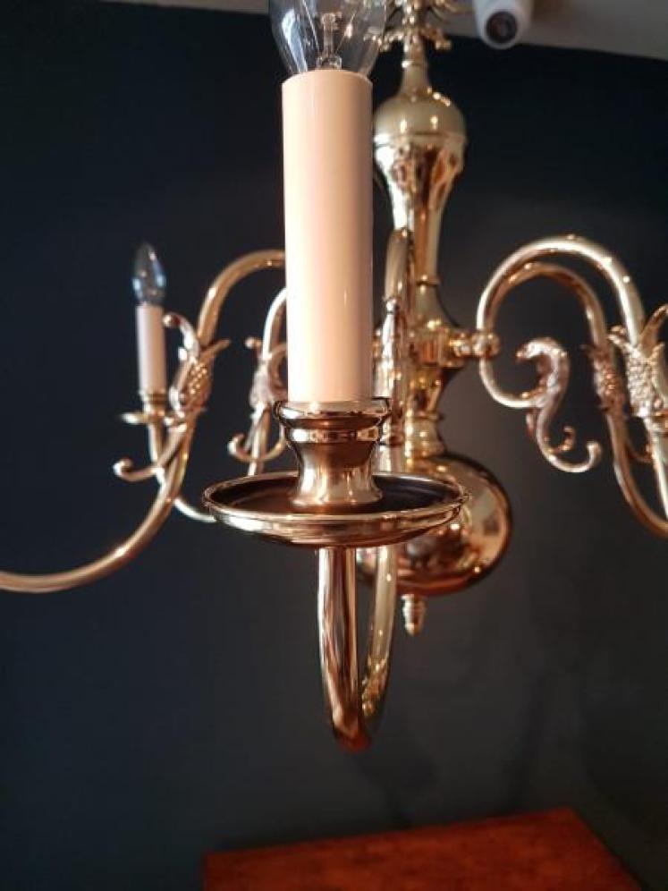Edwardian Polished Brass Six Arm Chandelier - Image 4