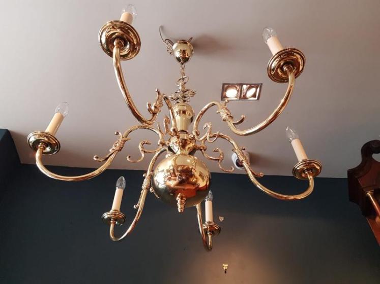 Edwardian Polished Brass Six Arm Chandelier - Image 5