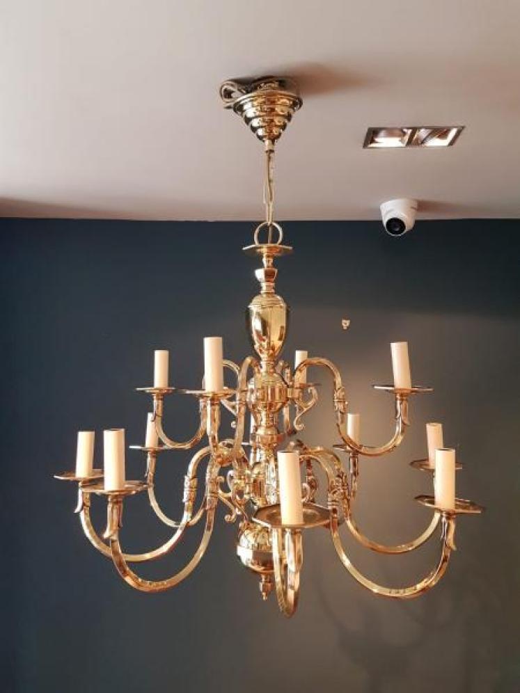 Stylish Edwardian Antique Brass Two Tier Chandelier - Image 1